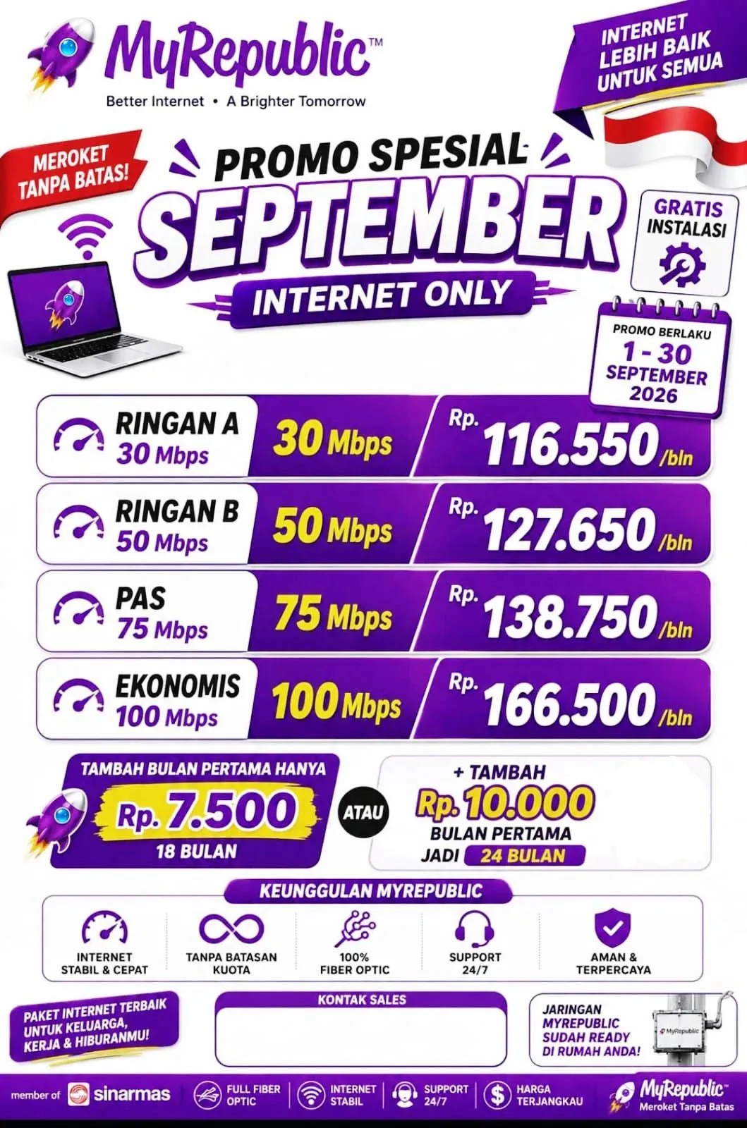 Brosur promo MyRepublic September 2026 internet only: 30 Mbps Rp116.550, 50 Mbps Rp127.650, 75 Mbps Rp138.750, 100 Mbps Rp166.500 per bulan